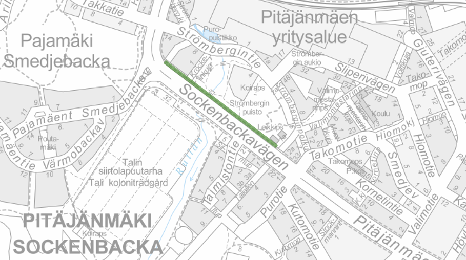 Karttakuva, johon on merkitty vihreällä puunkaatoalue Pitäjänmäentien pohjoispuolelta.