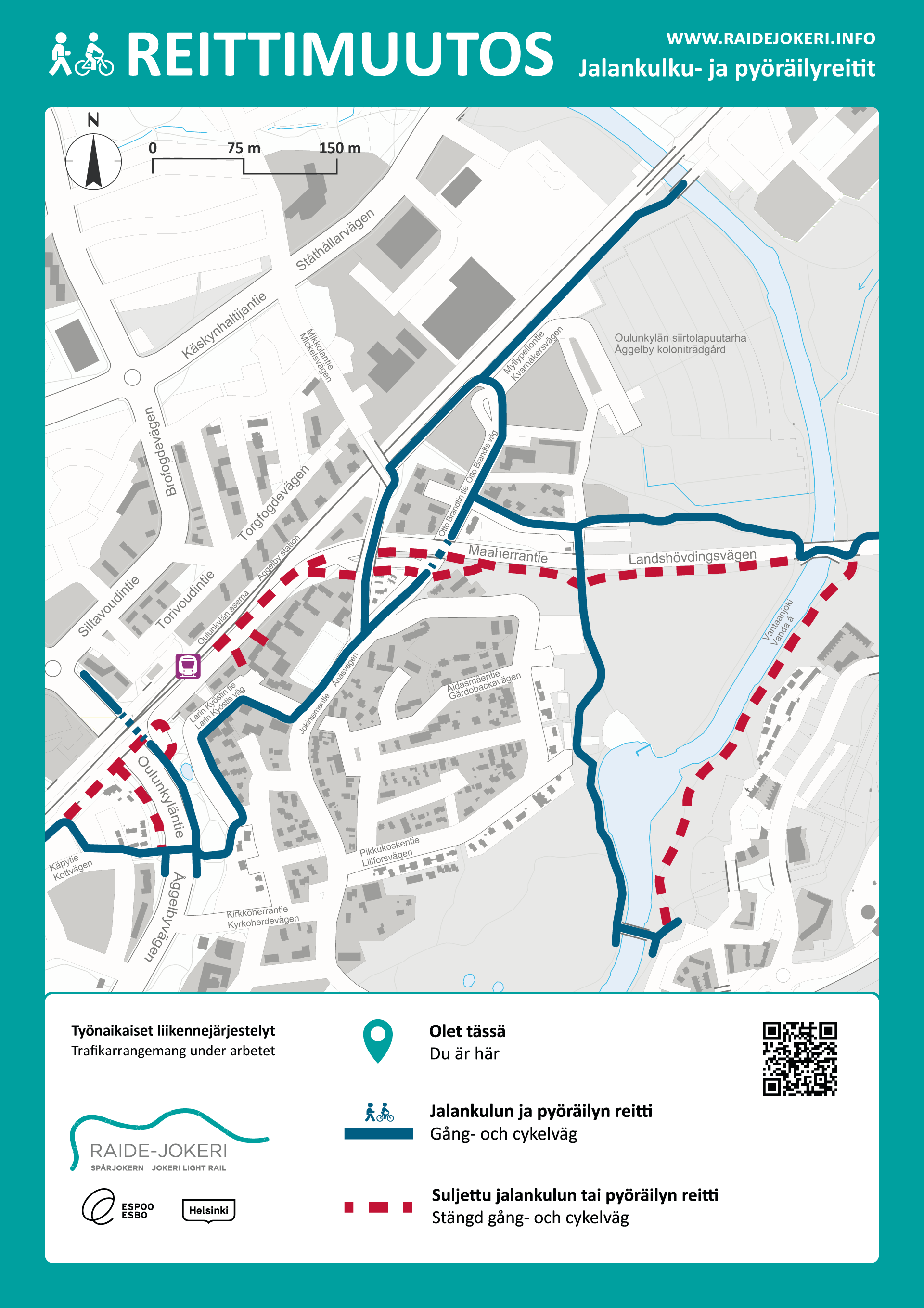 Karttakuva, jossa on esitetty kiertoreitit sekä suljetut jalankulun ja pyöräilyn reitit Maaherrantien länsipäässä.