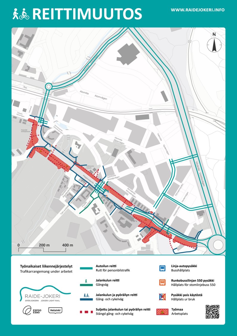 Liikennejärjestelyt Pitäjänmäentien ympäristössä opaskarttakuvassa.