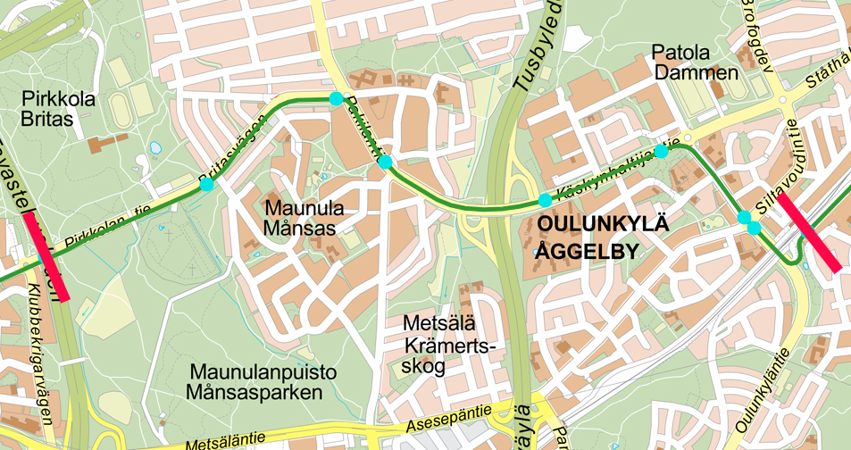 kartta, johon merkitty koeajoalue 2 Hämeenlinnanväylältä Oulunkylän asemalle.